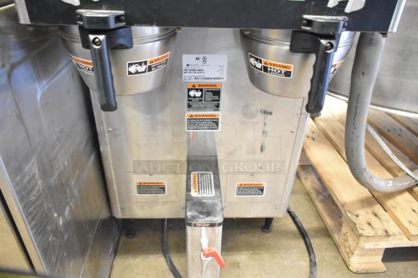 2018 Bunn DUAL TF DBC commercial coffee machine, dual brew, 120/240V, 1 phase, stainless steel, warning labels visible.