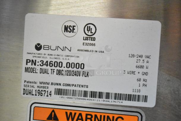 Label for 2018 Bunn DUAL TF DBC Coffee Machine includes model, voltage, and serial number. UL and NSF listed.
