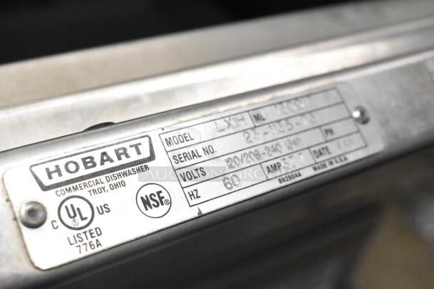 Hobart LXIH commercial undercounter dishwasher label showing model, volts, phase, UL and NSF certifications.