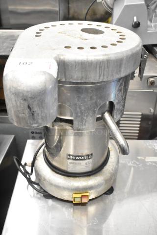 Uniworld UJC-720E commercial juice extractor, stainless steel, 110V, 1 Phase, visible wear, ETL certified, countertop model.