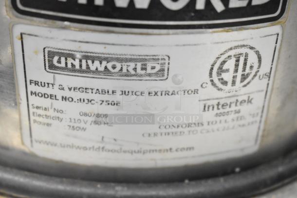Uniworld UJC-720E juice extractor label showing model, serial number 080/809, and electrical details: 110V, 750W.