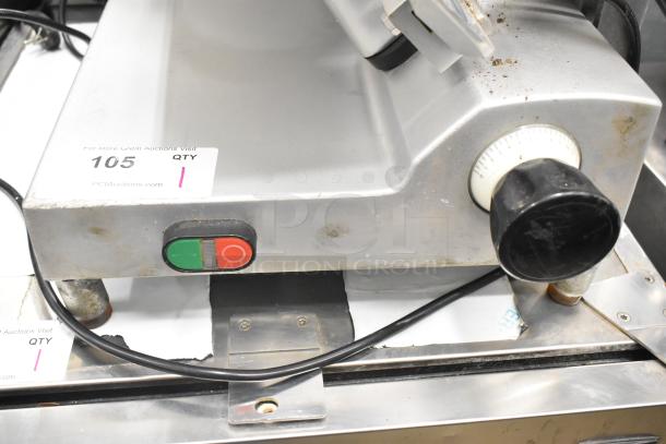 Avantco Commercial Countertop Meat Slicer with on/off switch, voltage dial, 115V, 1 Phase, used condition, label marked "105 QTY".
