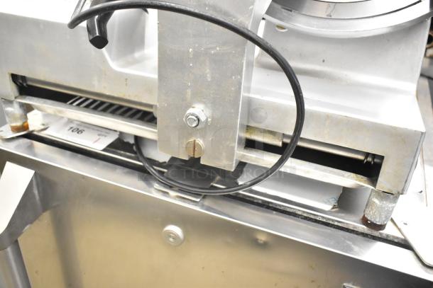 Avantco Commercial Countertop Meat Slicer in used condition. Features a metal body, 115 volts, 1 phase, visible power cord.