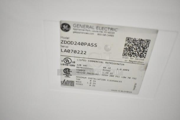 Label for General Electric GE ZDOD240PASS Monogram cooler, 115V, 1 phase; includes model, serial number, and specs.