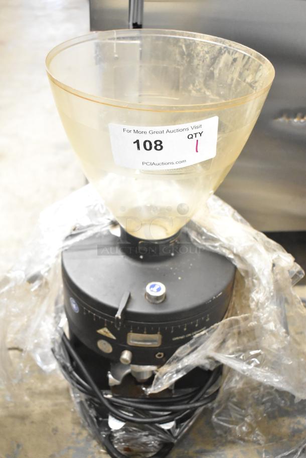 Mahlkonig K30ES/12 espresso grinder, 115V, without lid, fair condition, auction tag reads "108 QTY 1".