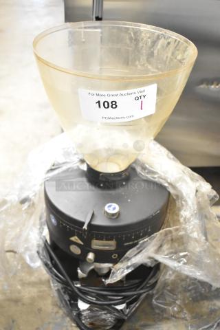 Mahlkonig K30ES/12 espresso grinder, 115V, without lid, fair condition, auction tag reads "108 QTY 1".