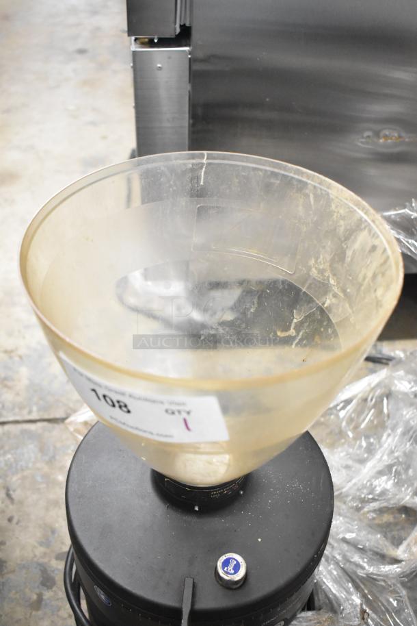 Mahlkonig K30ES/12 espresso grinder, no lid, commercial countertop model, 115V, 1 phase, visible wear, auction tag attached.