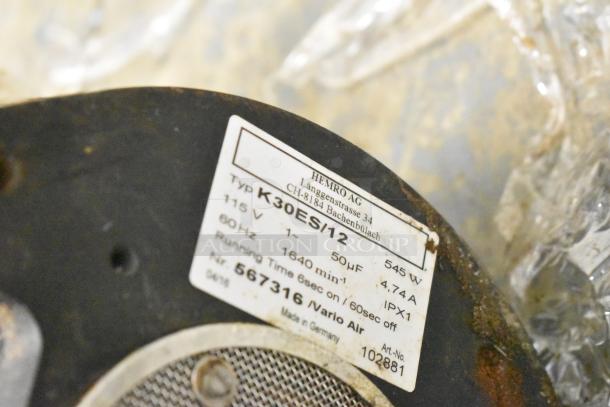 Mahlkonig K30ES/12 espresso grinder, 115V, without lid. Visible label shows model, voltage, and manufacturing details.