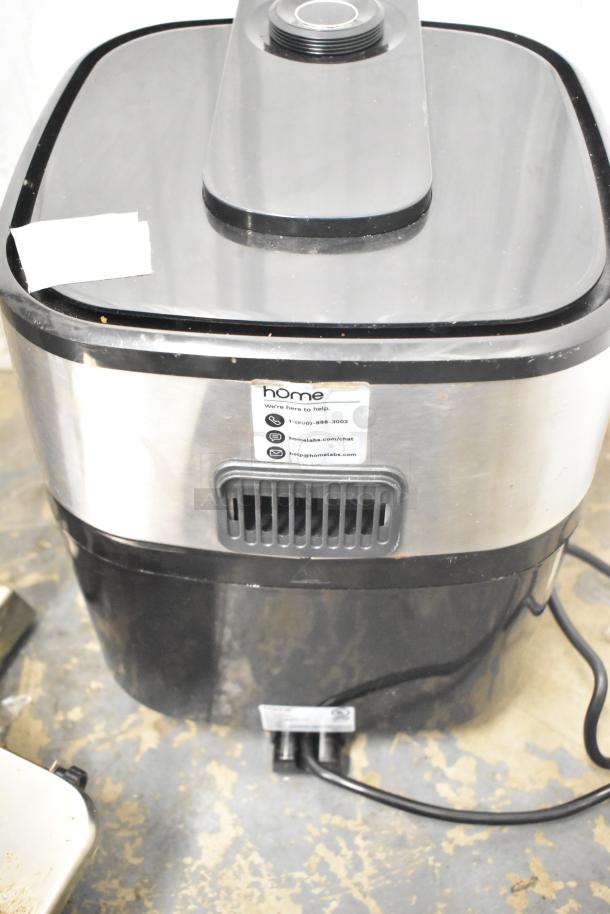 Home HME010387N Countertop Air Fryer Oven, 120V, 1 Phase, stainless steel. Visible brand label with support info.