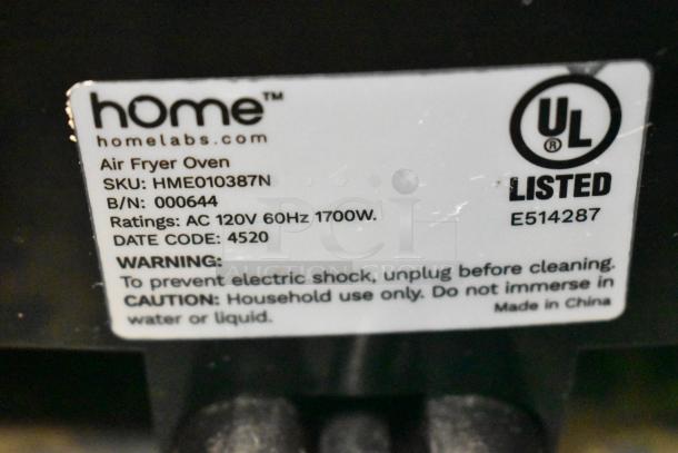 "Home" HME010387N Air Fryer Oven label; 120V, 1700W, UL listed, Model HME010387N SKU; Usage warnings included.