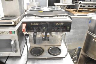 Bunn CWTF 4/2 TWIN 6-burner commercial coffee machine, dual control panels, stainless steel, 120/240V, 1 phase.