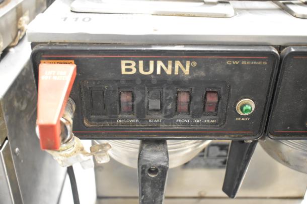 Bunn CWTF 4/2 TWIN commercial coffee machine control panel, featuring on/lower, start, and ready buttons, with hot water lever.