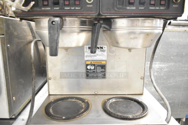 Bunn CWTF 4/2 TWIN commercial coffee machine, 6 burners, stainless steel, 120/240V, 1 phase, visible model and warning labels.