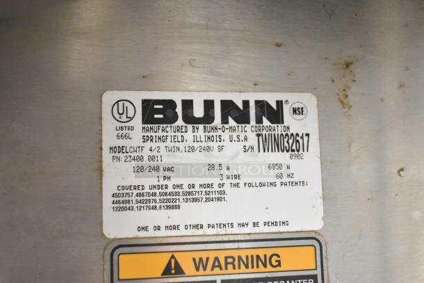 Bunn CWTF 4/2 TWIN Coffee Machine label showing model, voltage, and patent details. Includes UL and NSF certifications.