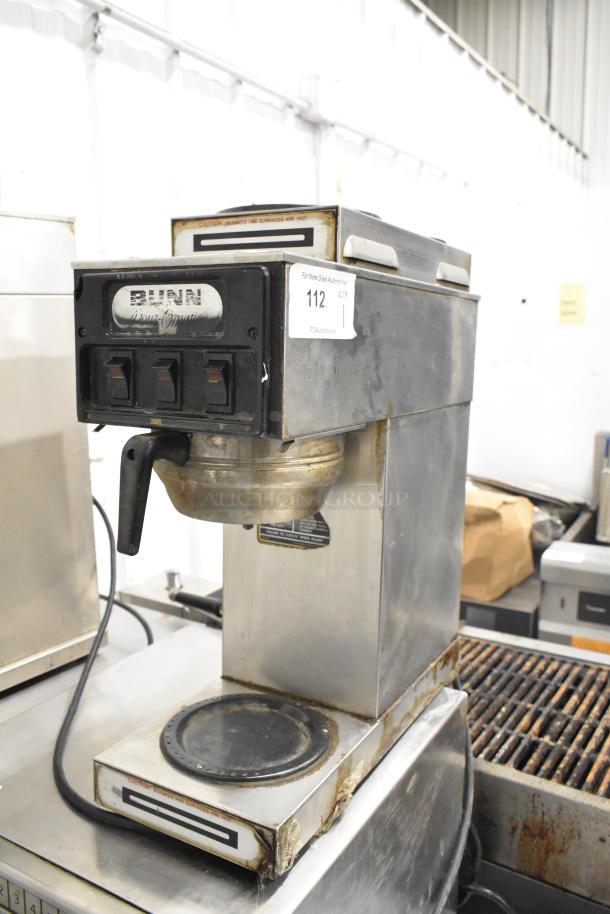 Bunn Countertop 3 Burner Coffee Machine, 15 Volts, 1 Phase. Features three switches and a drip tray. Used condition.