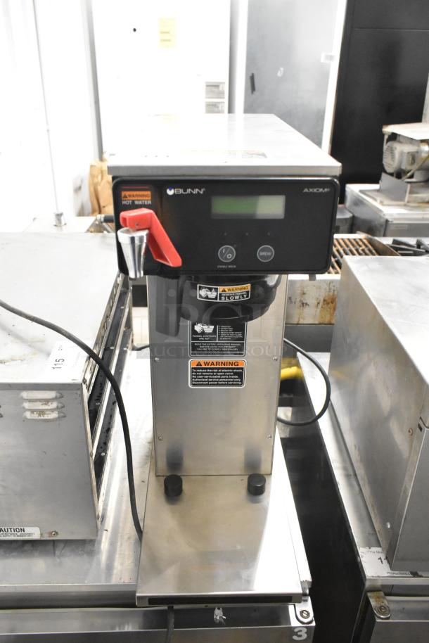 2018 Bunn AXIOM-DV-APS commercial coffee brewer, stainless steel, hot water dispenser, visible warning labels.
