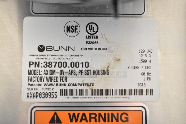 Bunn AXIOM-DV-APS commercial countertop coffee brewer label showing model details and electrical specs.