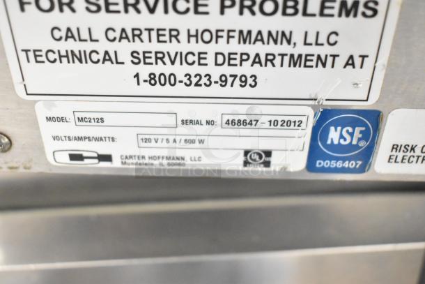 Carter Hoffmann MC212S holding bin label showing model, serial number, 120V, 5A power rating, and NSF certification.
