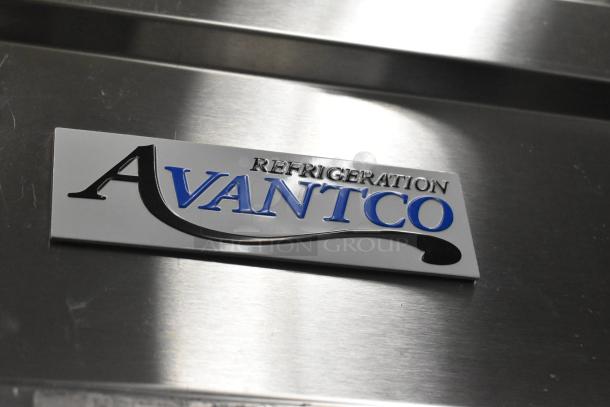 Avantco 178SS1RHC commercial single door reach-in cooler, stainless steel, logo badge shown. 115 Volts, on casters.