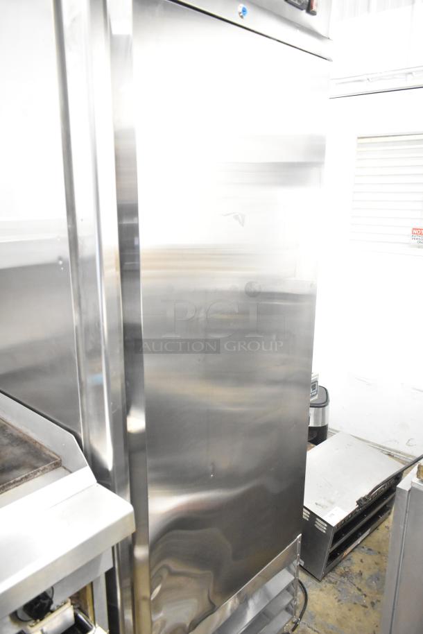 Avantco 178SS1RHC commercial single door reach-in cooler with casters, stainless steel, 115V, 1 phase, excellent condition.