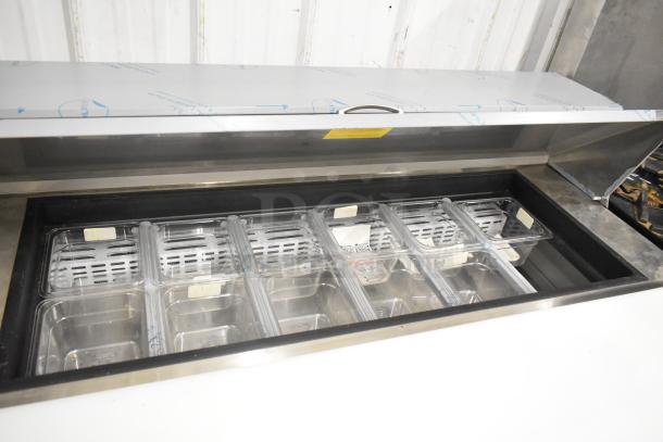 BRAND NEW 2022 Kutano JUT 2 4D PT salad prep table, stainless steel, mega top with containers, commercial casters, 115V, 1 phase.