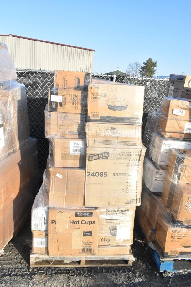 Pallet of 24 new scratch and dent items including hot cups, bags, crinkle paper, paper towels, anti-fatigue mat.