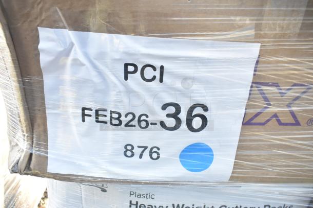 Pallet of new scratch and dent items wrapped in plastic, labeled "PCI FEB26-36 876," including cups, bags, and supplies.