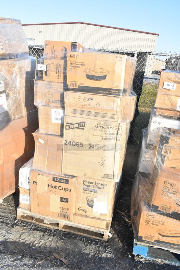 Pallet of scratch and dent items, including Choice hot cups, Genuine Joe kitchen towels, and microwaveable containers.