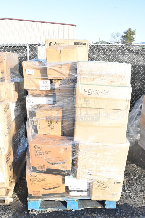 Pallet with 33 new scratch and dent items including portion cups, pan liners, dessert cups, bakery boxes. Marked FEB26-164.