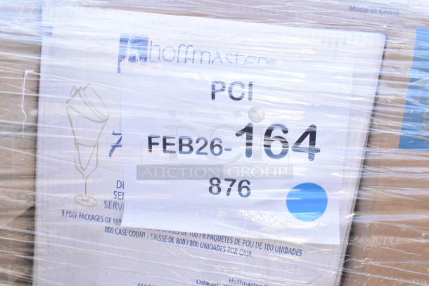 Box of Hoffmaster items with label "FEB26-164." Includes portion cups, pan liners, dessert cups, bakery boxes. Brand new.