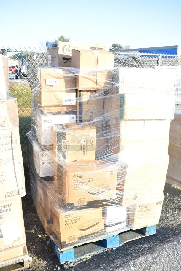 Pallet of brand new scratch and dent items including portion cups, pan liners, dessert cups, bakery boxes, shrink-wrapped.