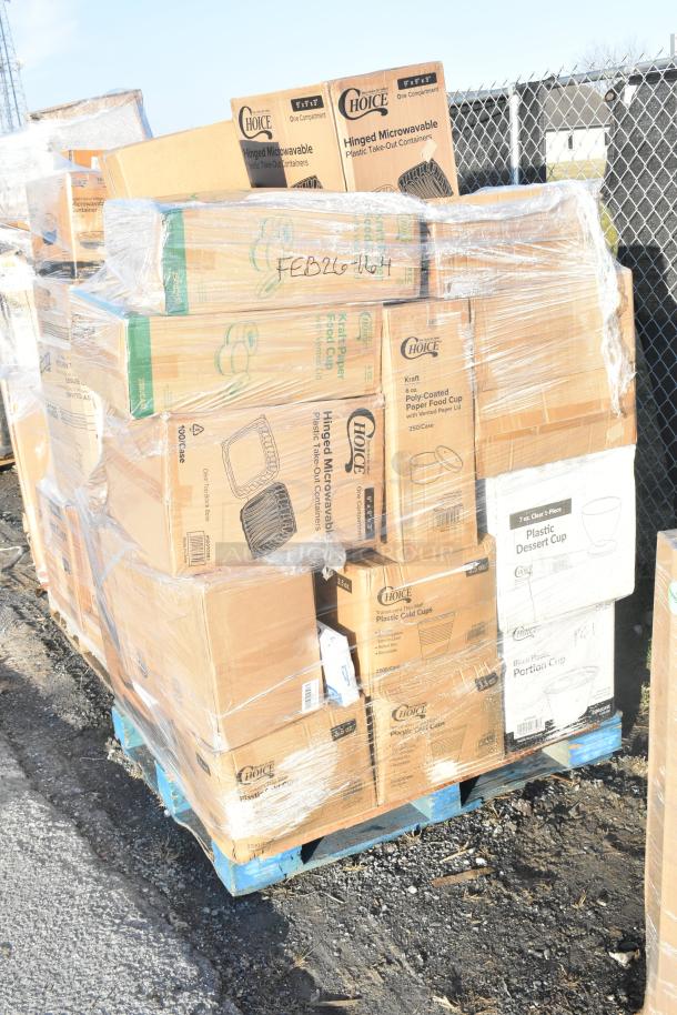 Pallet of 33 new scratch-and-dent items including portion cups, pan liners, dessert cups, and bakery boxes. Labeled "Choice" brand.