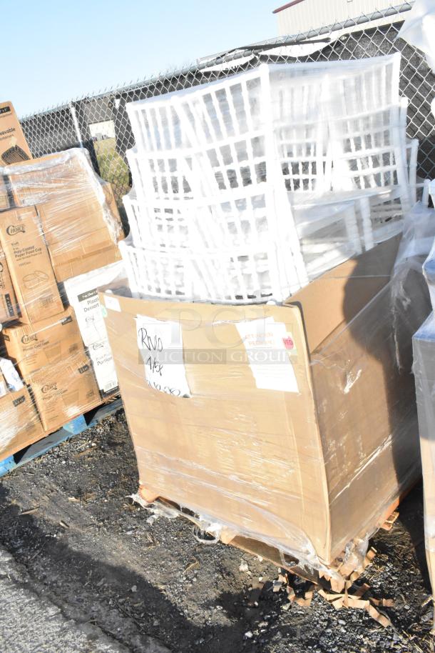 Auction lot with 20 new scratch and dent items, including Lancaster Table & Seating white resin Chiavari chairs, in bulk packaging.