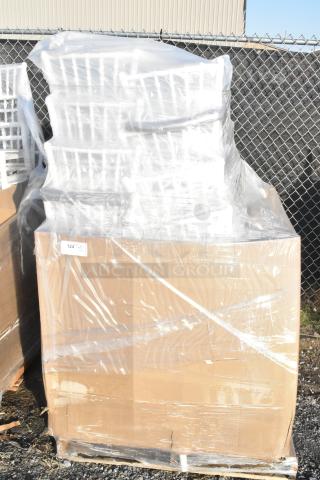 Pallet of 20 brand new Lancaster Table & Seating white resin Chiavari chairs, scratch and dent condition, wrapped in plastic.