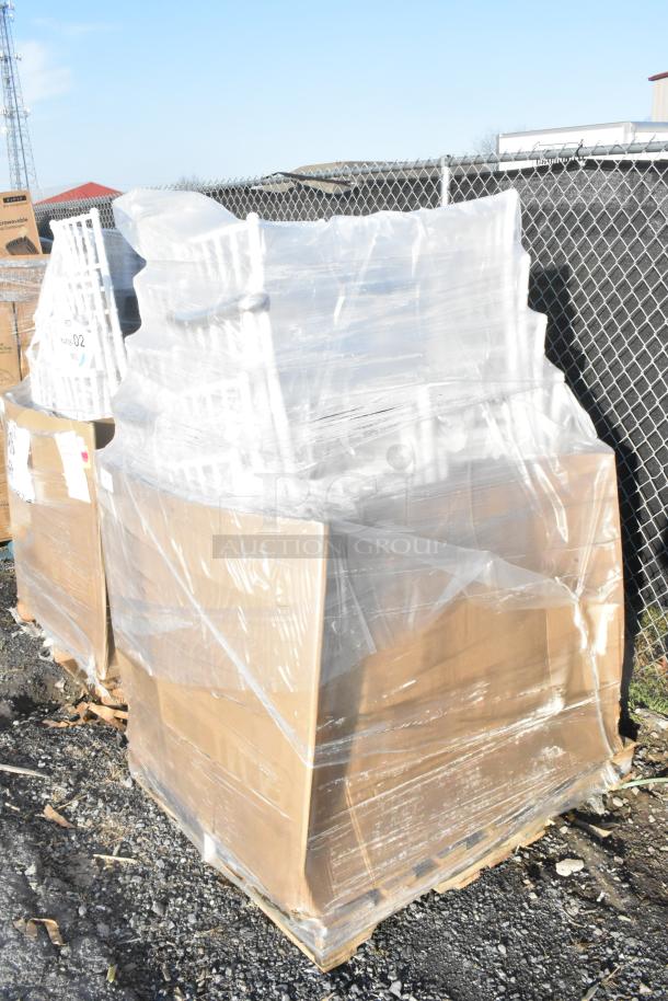 Pallet with 20 scratch and dent items, including Lancaster Table & Seating white resin Chiavari chairs, wrapped in plastic.