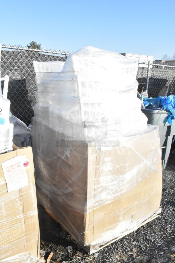 Pallet of 20 brand new scratch and dent items, including Lancaster Table & Seating white resin Chiavari chair, wrapped in plastic.