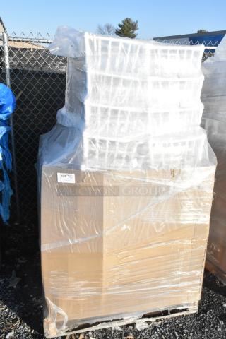 Pallet of 20 brand new scratch and dent items, including Lancaster Table & Seating white resin Chiavari chairs, shrink-wrapped.