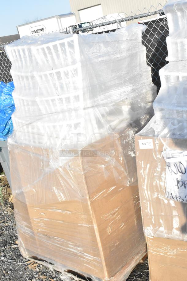 Packaged Lancaster Table & Seating White Resin Chiavari Chairs, scratch and dent condition. Multiple items, wrapped on pallets.