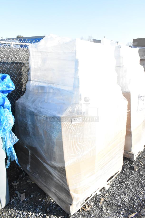 20 brand new scratch and dent items wrapped on a pallet, including Lancaster Table & Seating white resin Chiavari chair.