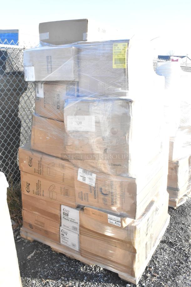 Stack of brand new scratch and dent boxes on a pallet, containing gloves, knives, teaspoons, and paper bags, wrapped in plastic.