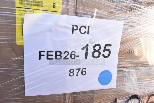 Pallet with 32 new scratch and dent items, including gloves, knives, teaspoons, paper bags. Label reads "FEB26-185".