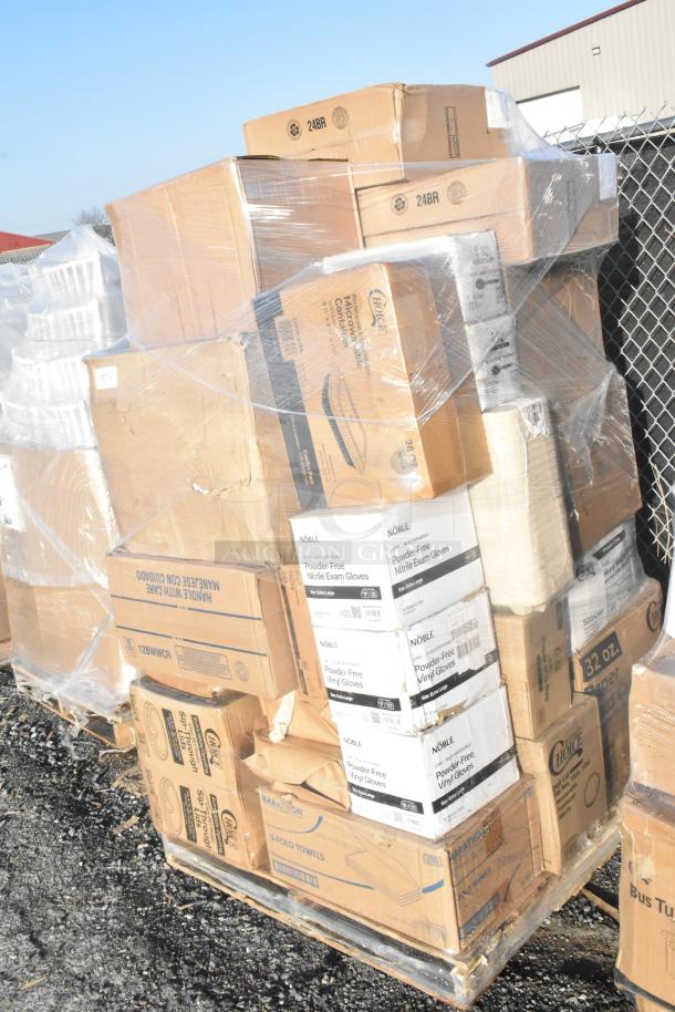 Pallet with 32 boxes; includes gloves, knives, teaspoons, paper bags. Some boxes are labeled "Noble Gloves" and "Choice S-Fold Towels". Scratch and dent condition.