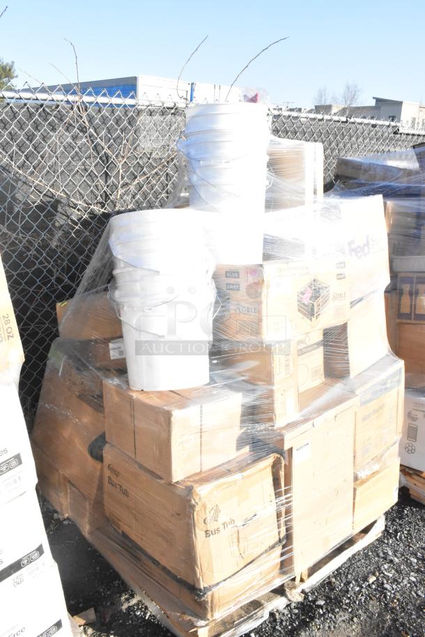 Pallet of 40 new scratch and dent items, including taco cup fry basket, wire whip, charger plate, wrapped for auction.