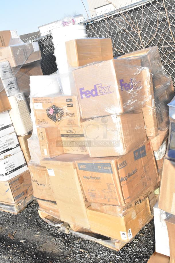 Pallet of 40 new scratch and dent items; includes Taco Cup Fry Basket, Wire Whip, Charger Plate. Various branded boxes.