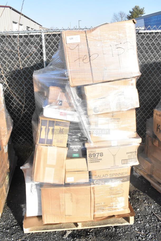 Pallet of 30 items, brand new with scratches/dents, including mixing bowl, martini glasses, mandolin. Boxes labeled "FEB26-152".