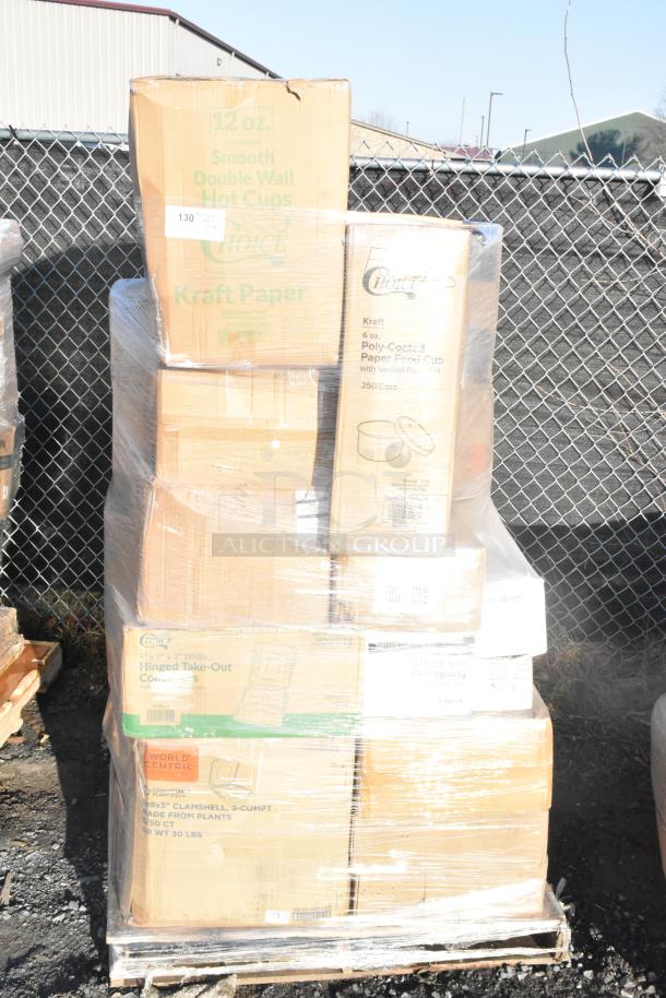 Pallet wrapped with various boxes of new scratch and dent items, including paper cups and containers.