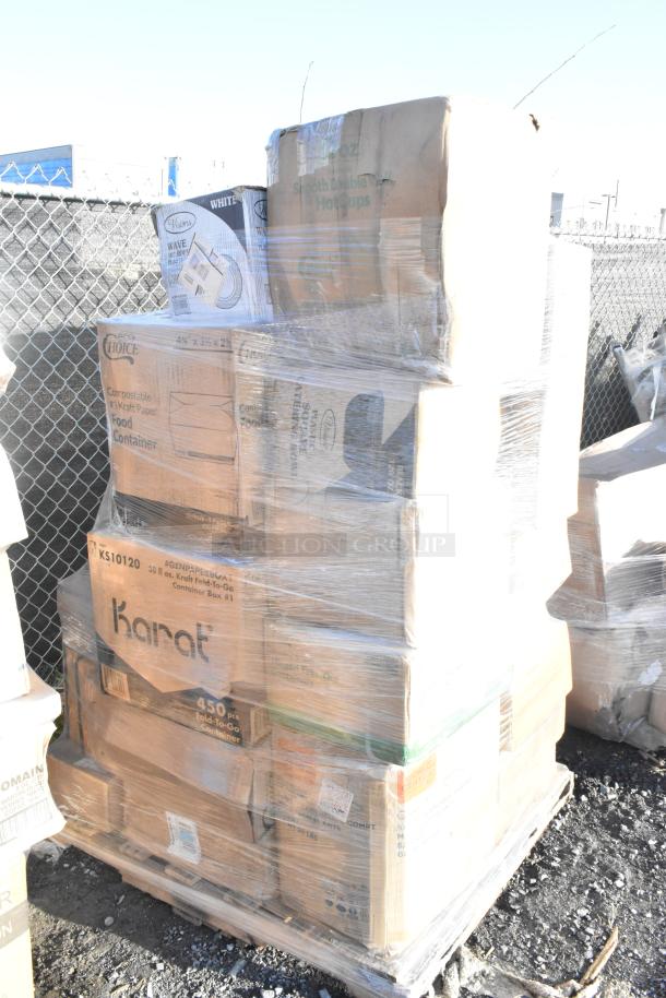 Stack of brand new scratch and dent items including can liners, vacuum packaging pouches, and gloves, wrapped on a pallet.