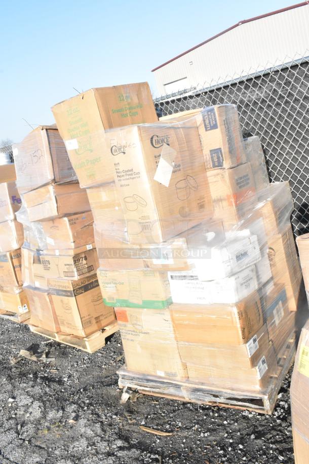 Pallet of 29 brand new scratch and dent items, including can liners, vacuum packaging pouches, and gloves in boxes.