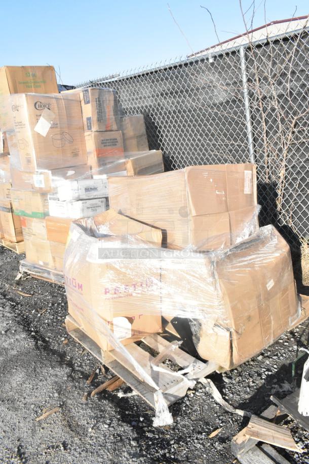Pallet of cardboard boxes labeled for auction, containing new scratch-and-dent items including a stool and seat cushions.