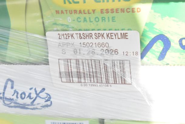 Tags on La Croix Key Lime pack, labeled "2/12PK T&SHR SPK KEYLME," show APRX 15021660, date 01.28.2026. Wrapped items.